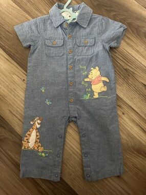 Disney Blue Chambray Winnie the Pooh & Tigger Short-Sleeve Romper